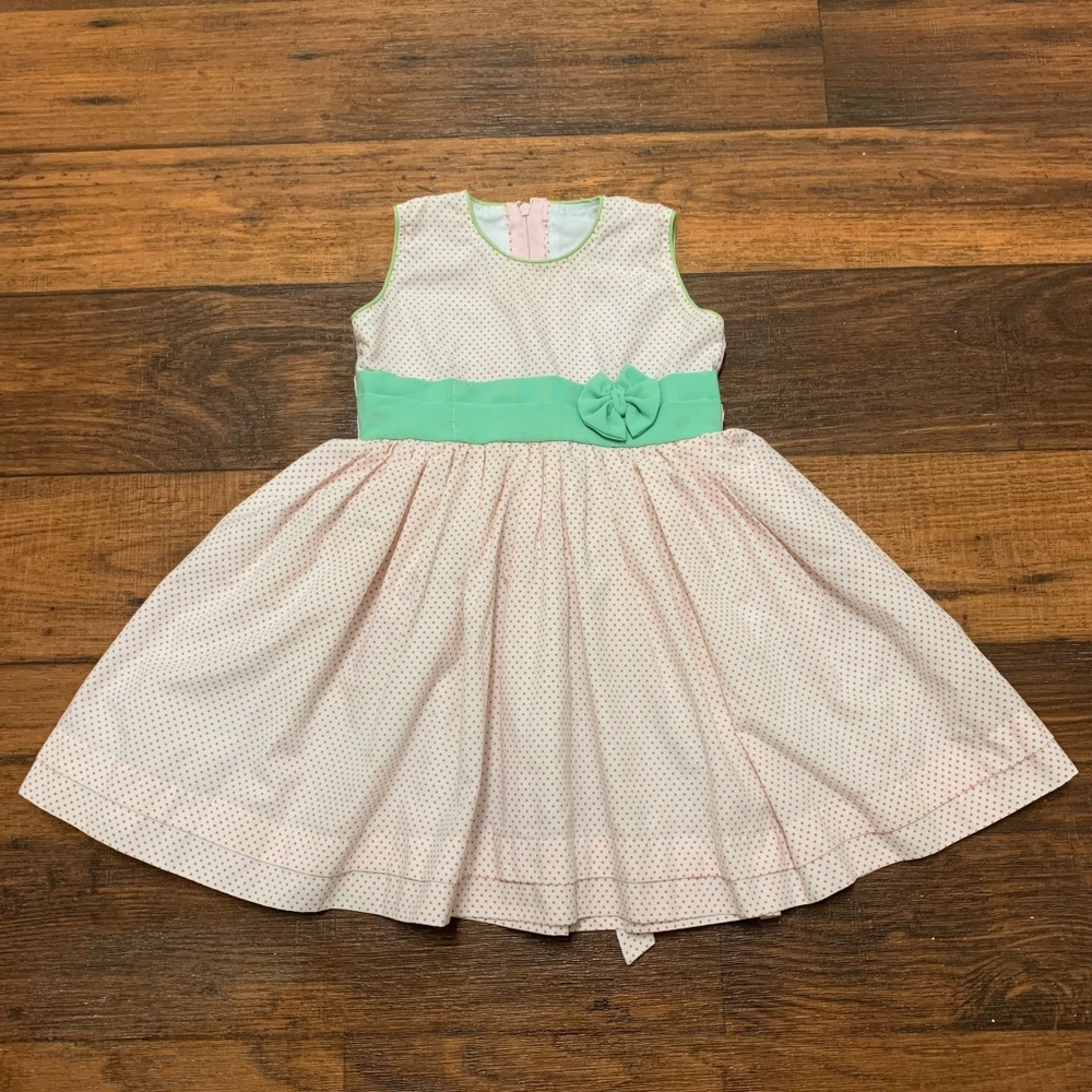 Toddler Girl Dress 2T, White Polka Dot Orange, Green Bow, Lined, Sleeveless